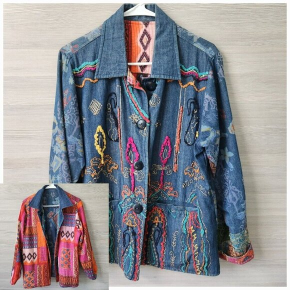 Flashback Art to Wear REVERSIBLE Colorful Floral Festival Jacket Boho Patchwork - Picture 1 of 16